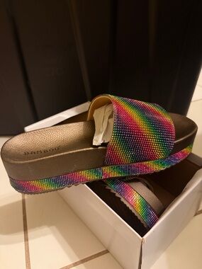 New! BAMBOO Rainbow Rhinestone Platform Slide Sandals - Multicolor
